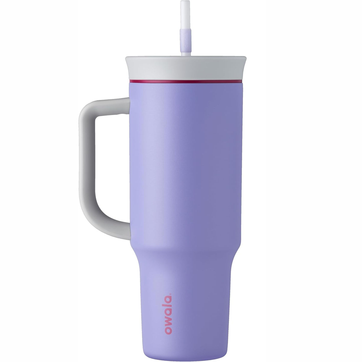 A lavender Owala 40oz tumbler with a handle and straw. Designed for easy carrying and sipping, ideal for holding beverages.