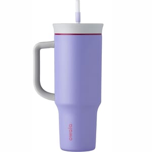 A lavender Owala 40oz tumbler with a handle and straw. Designed for easy carrying and sipping, ideal for holding beverages.
