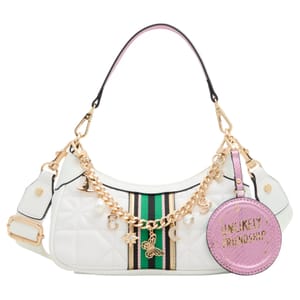Aldo Wicked Madeinoz Shoulder Bag in white features a quilted design with green and black stripes, gold-tone hardware, and a detachable chain with charms. It includes a pink round tag with \“UNLIKELY FRIENDSHIP\“ on it.