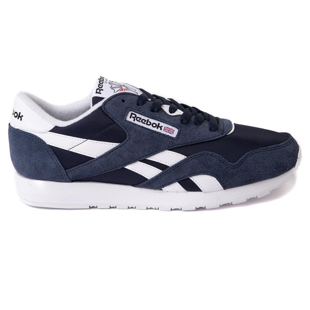 A navy blue and white Reebok sneaker with a classic design.