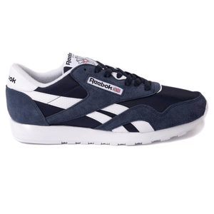 A navy blue and white Reebok sneaker with a classic design.
