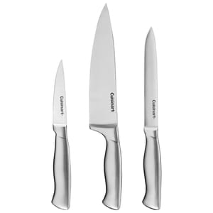 Three stainless steel knives with ergonomic handles, branded as Cuisinart, including a chef's knife, utility knife, and paring knife.