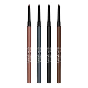 Four retractable BareMinerals eyeliners in varied shades: brown, gray, black, and medium brown. Each pencil has the brand logo and \“Mineralist Eyeliner\“ printed on the side.