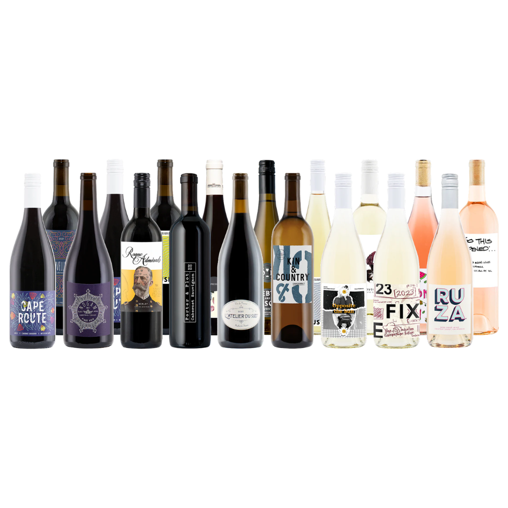 An assortment of wine bottles featuring a mix of red, white, and rosé varieties with diverse and colorful labels, each showcasing unique branding and design elements.