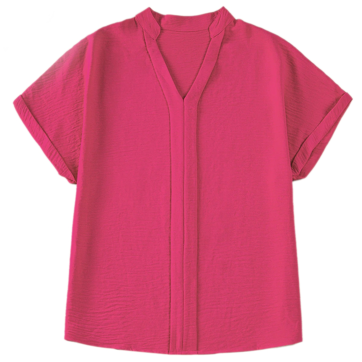 Bright pink lightweight blouse featuring short sleeves, a V-neckline, and a soft-textured fabric with a relaxed fit for casual wear.