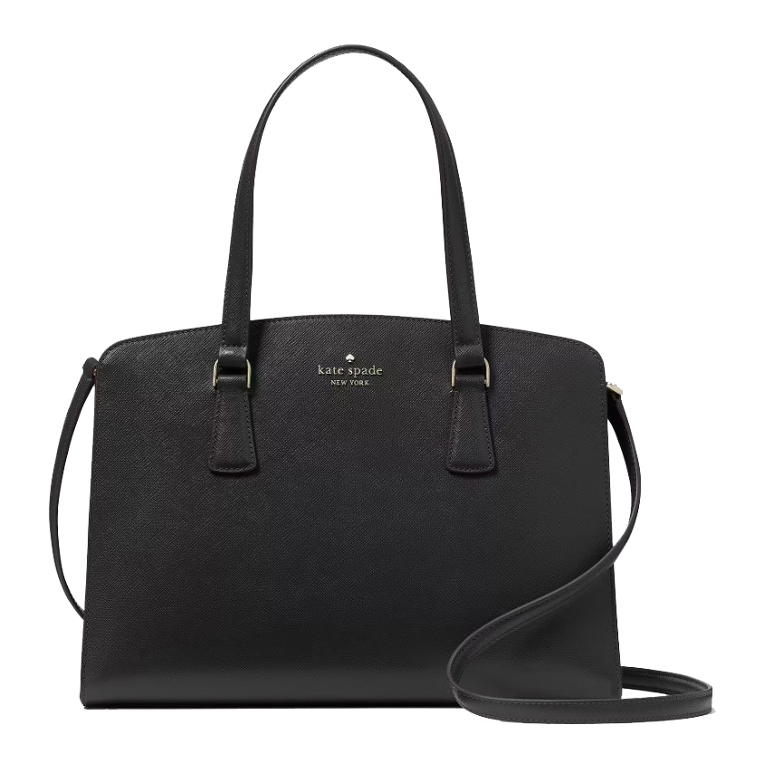 Black Kate Spade New York handbag with dual top handles and a shoulder strap.