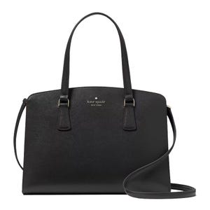 Black Kate Spade New York handbag with dual top handles and a shoulder strap.