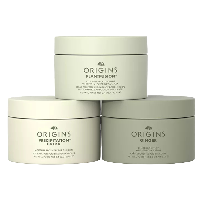 Origins 3pc Body Cream Gift Set includes Plantfusion Hydrating Body Souffle, Precipitation Extra Moisture Recovery for Dry Skin, and Ginger Souffle Whipped Body Cream; each is 3.4 oz (100 ml).