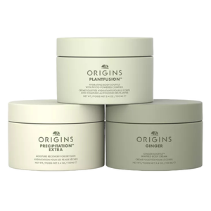 Origins 3pc Body Cream Gift Set includes Plantfusion Hydrating Body Souffle, Precipitation Extra Moisture Recovery for Dry Skin, and Ginger Souffle Whipped Body Cream; each is 3.4 oz (100 ml).