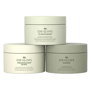 Origins 3pc Body Cream Gift Set includes Plantfusion Hydrating Body Souffle, Precipitation Extra Moisture Recovery for Dry Skin, and Ginger Souffle Whipped Body Cream; each is 3.4 oz (100 ml).