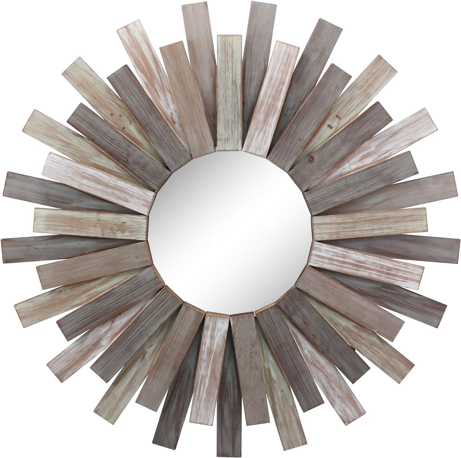 A round mirror features a wooden sunburst frame with staggered, weathered planks radiating outward in varied lengths and shades of gray and brown.