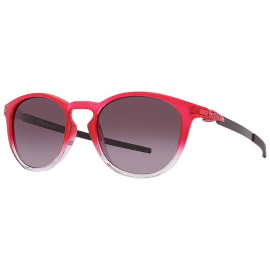 Red sunglasses with a gradient design from red to clear, featuring round lenses and black arms.