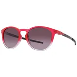 Red sunglasses with a gradient design from red to clear, featuring round lenses and black arms.