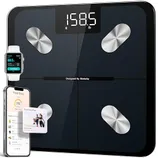 A digital smart scale displaying 158.5 lb, with features like a mobile app for tracking weight, a food diary, and an exercise plan.