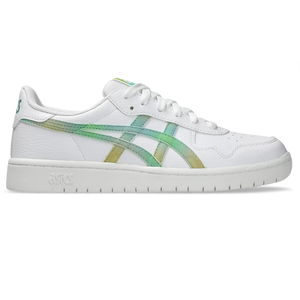 ASICS Women's Japan Shoes feature a white leather design with multicolored gradient stripes in green and yellow. They have a classic low-top silhouette with a cushioned sole and branded heel detail.