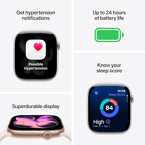 Smartwatch features include hypertension notifications, up to 24-hour battery life, a durable display, and sleep score tracking.