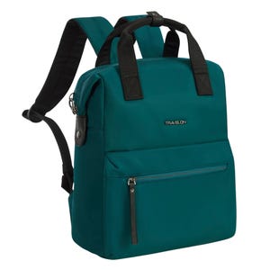 Teal backpack with black handles and logo \“Travelon,\“ featuring adjustable straps and a front zippered pocket.