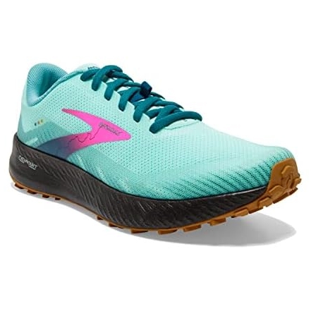 The Brooks Catamount Women's Shoes are lightweight trail running shoes featuring a light blue upper, a black midsole with DNA FLASH cushioning, and a gum outsole. They have teal laces and a vibrant pink accent on the side.