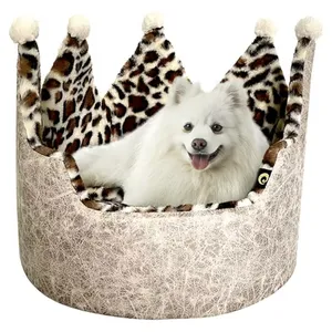 A white dog is sitting in a crown-shaped pet bed with a leopard print interior and plush pom-poms. The bed has a textured exterior resembling suede or leather.