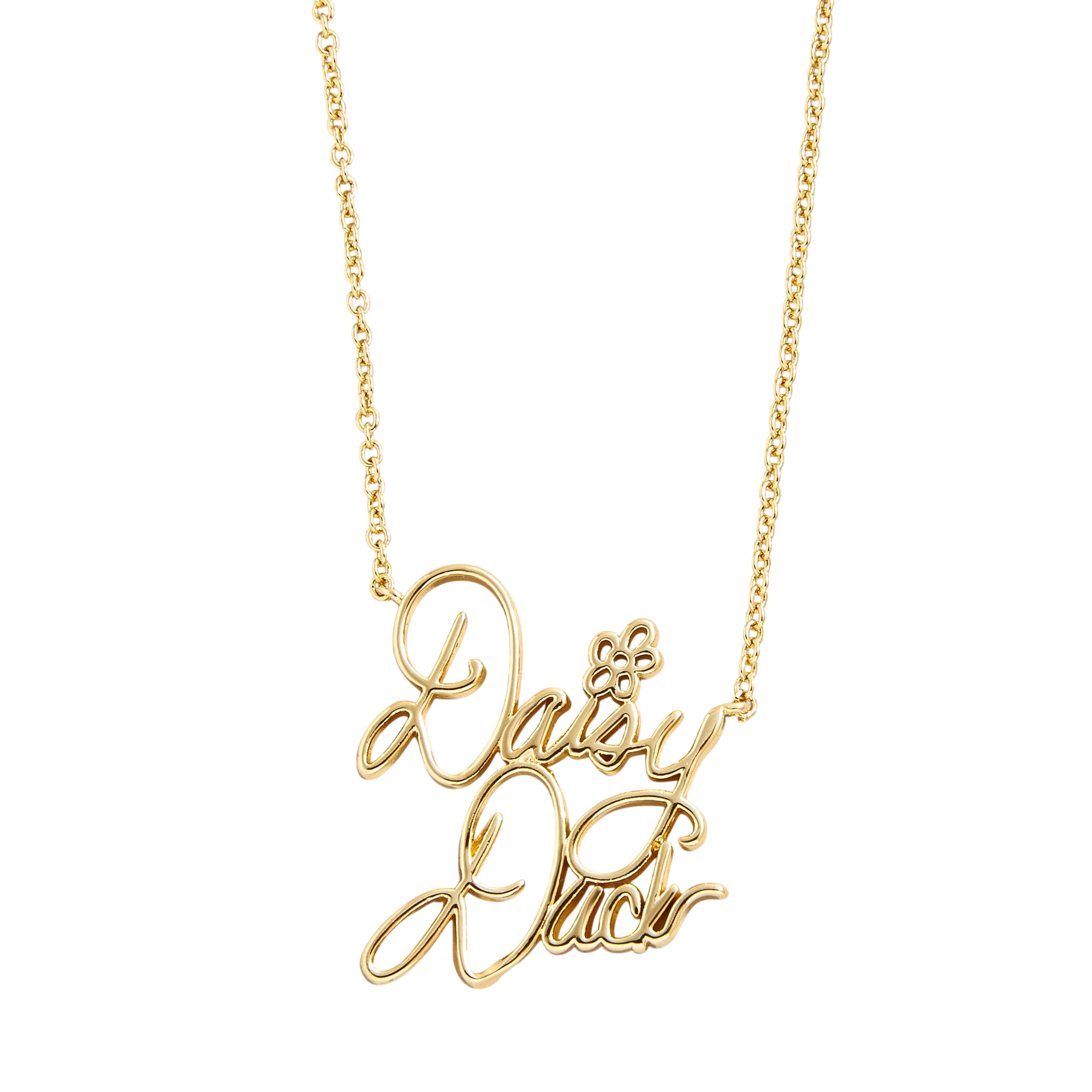 Gold necklace featuring the text \“Daisy Duck\“ in cursive, with a small flower detail above the letter 'i'.