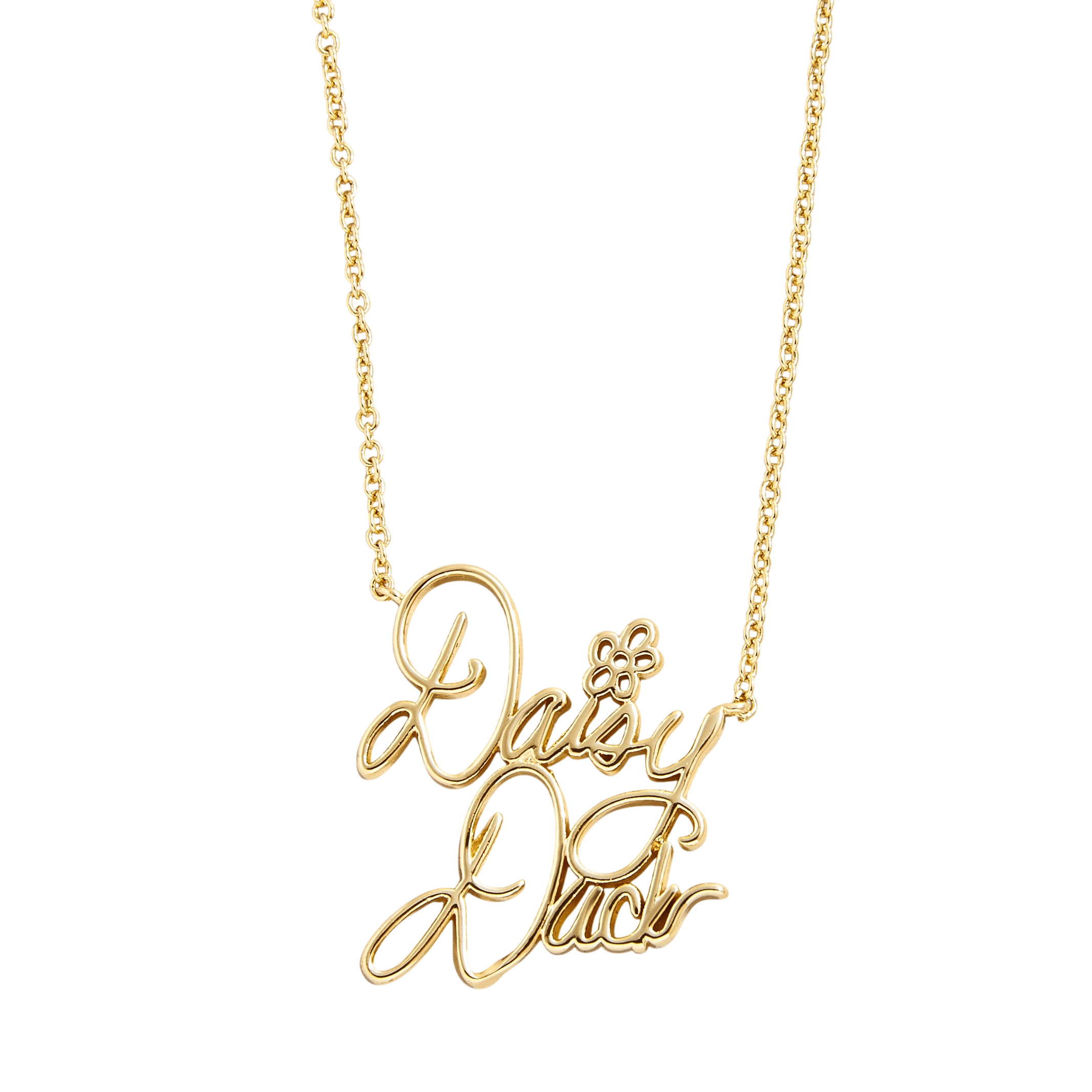 Gold necklace featuring the text \“Daisy Duck\“ in cursive, with a small flower detail above the letter 'i'.