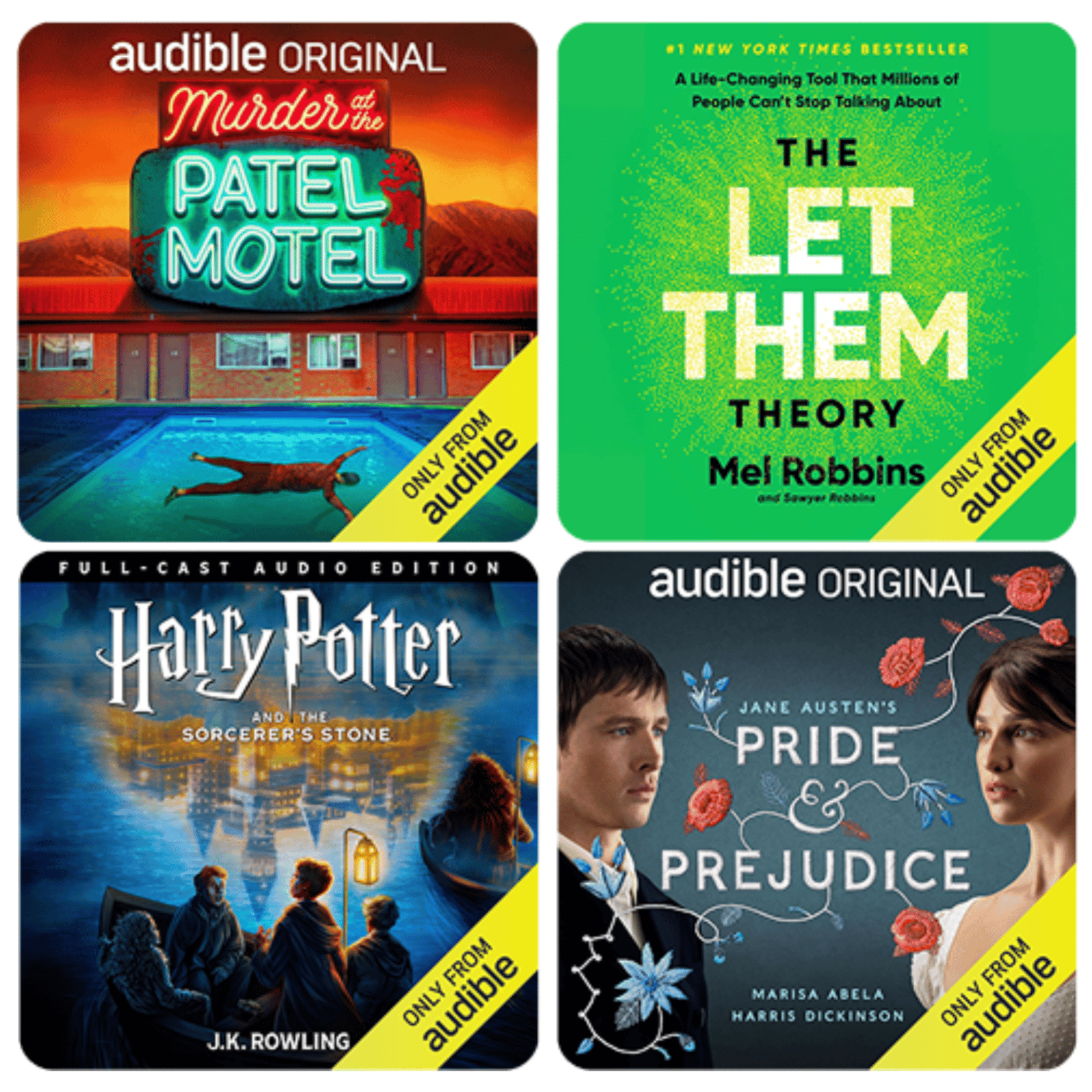 Four Audible audiobooks: \“Murder at the Patel Motel,\“ \“The Let Them Theory\“ by Mel Robbins, \“Harry Potter and the Sorcerer's Stone\“ by J.K. Rowling, and \“Pride & Prejudice\“ by Jane Austen.