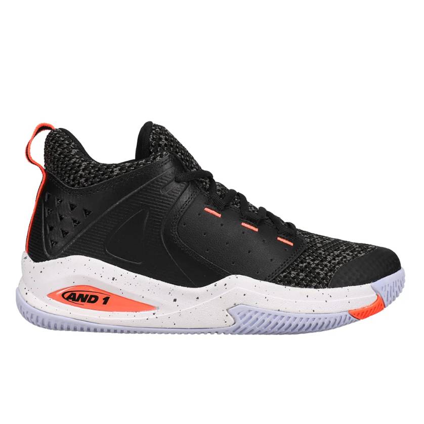 Black and white basketball shoe with orange accents and textured upper design, featuring the AND 1 logo on the side.