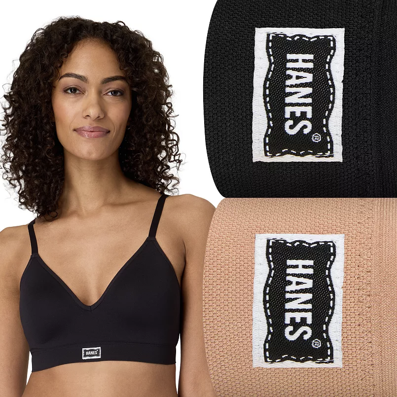 Hanes women's bras in black and beige are shown, featuring a comfortable, wireless design with a logo on the front.