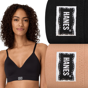 Hanes women's bras in black and beige are shown, featuring a comfortable, wireless design with a logo on the front.