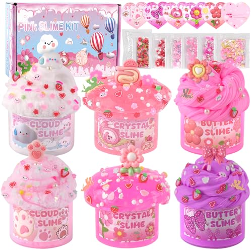 Pink slime kit featuring multiple containers of cloud, crystal, and butter slime, each adorned with colorful decorations like charms and sprinkles. The kit also includes additional decorative items, as shown next to the box.