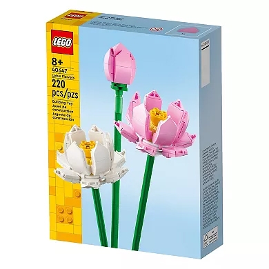 LEGO set 40647, Lotus Flowers, recommended for ages 8 and up, includes 220 pieces to build white and pink lotus flowers with green stems.