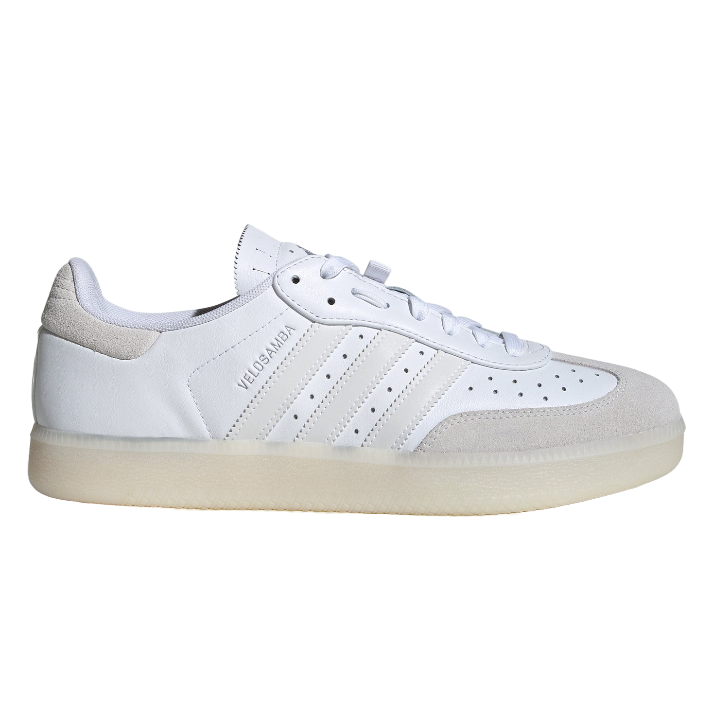 Adidas Men's Velosamba Leather Shoes feature a classic design with white leather, suede accents, and the iconic three stripes. They have a gum rubber sole for cycling-compatible performance and casual style.
