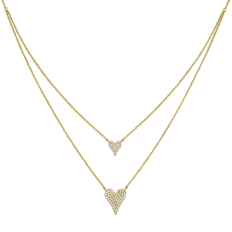 A gold-tone necklace featuring two heart-shaped pendants adorned with small, sparkling stones on a double-layer chain design.