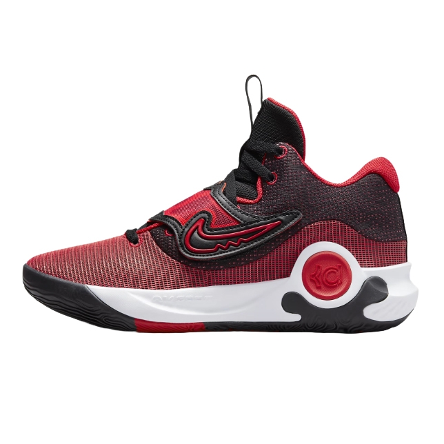 Red and black basketball shoe with a dynamic Nike logo and textured design. Features a white and black sole with a circular accent and visible \“KD\“ initials.