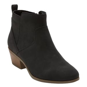 Black ankle boot with a suede-like finish, side elastic panels, and a low block heel in brown.