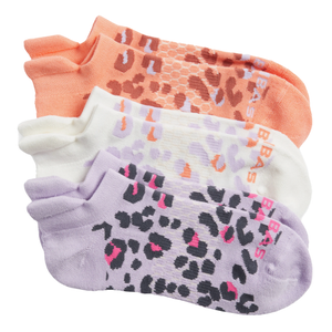 Three pairs of socks with leopard patterns in orange, white, and lavender colors.