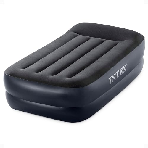 Intex inflatable air mattress with a grey top and black base, featuring a built-in pillow design.
