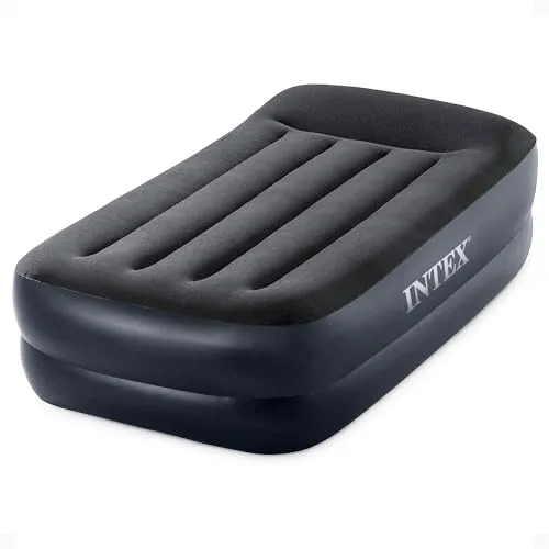 Intex inflatable air mattress with a grey top and black base, featuring a built-in pillow design.