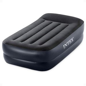 Intex inflatable air mattress with a grey top and black base, featuring a built-in pillow design.