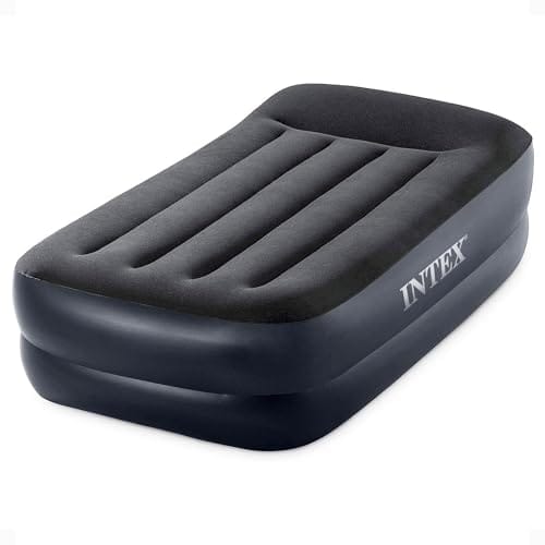 Intex inflatable air mattress with a grey top and black base, featuring a built-in pillow design.