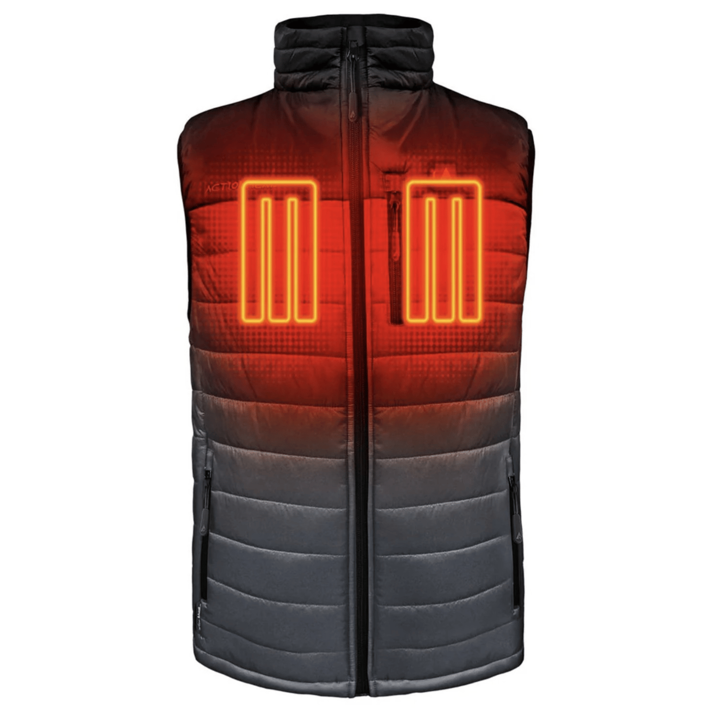 Heated vest with visible heating elements on the chest, designed to provide warmth in cold conditions. The vest features a quilted design with a zip closure and side pockets.