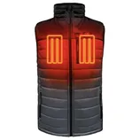 Heated vest with visible heating elements on the chest, designed to provide warmth in cold conditions. The vest features a quilted design with a zip closure and side pockets.