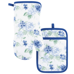 Floral oven mitt and pot holder set featuring blue and green flowers on a white background with blue trim.
