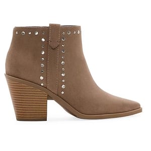 Brown ankle boot with a low stacked wood heel, stud detailing along the sides and collar, and a pull tab for easy wear.