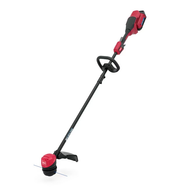 Toro Cordless String Trimmer is a lightweight, red and black tool with a loop handle, designed for trimming grass and weeds. It operates on a battery, offering mobility and ease of use.