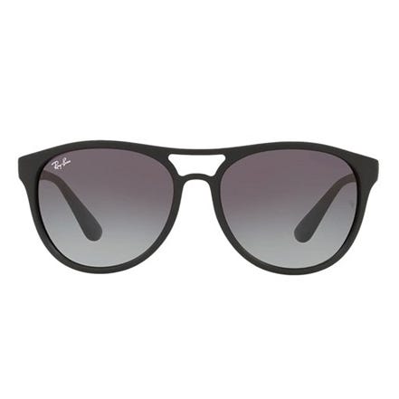 A pair of black Ray-Ban sunglasses with a sleek design featuring gradient lenses and a distinctive bridge.