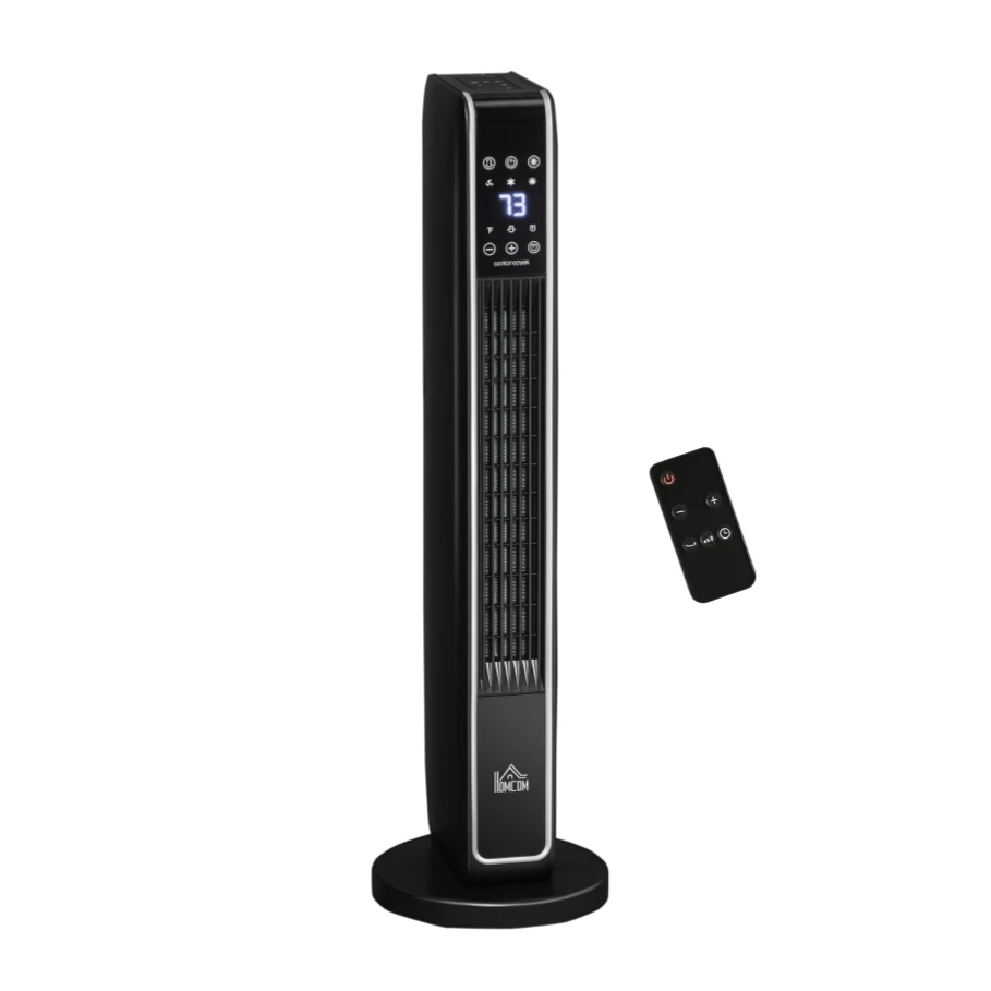 Black tower fan with remote control, featuring an LED display and multiple control buttons on the top.