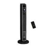 Black tower fan with remote control, featuring an LED display and multiple control buttons on the top.