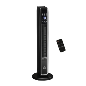 Black tower fan with remote control, featuring an LED display and multiple control buttons on the top.