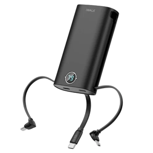 A black iWALK portable power bank with built-in cables and a digital display showing a 79% charge.